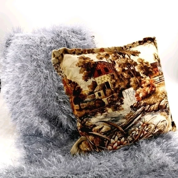 Velvetty Vtg Farm Fall Scene Square Throw Pillow - Picture 2 of 10